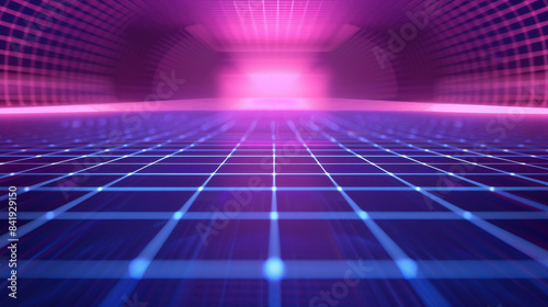 Neon glow blue and purple perspective grid floor, futuristic abstract background