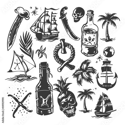 Pirate's Bounty: Hand-Drawn Nautical Elements Collage in Black and White.