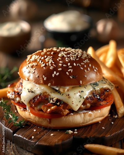 Appetizing chicken burger with extra cheese, served with French fries on a wooden table, Generative AIcreated image photo