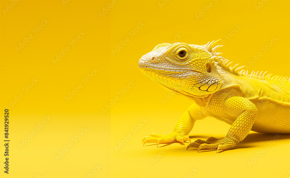 Obraz premium Close-up of a bearded dragon lizard against a yellow background.