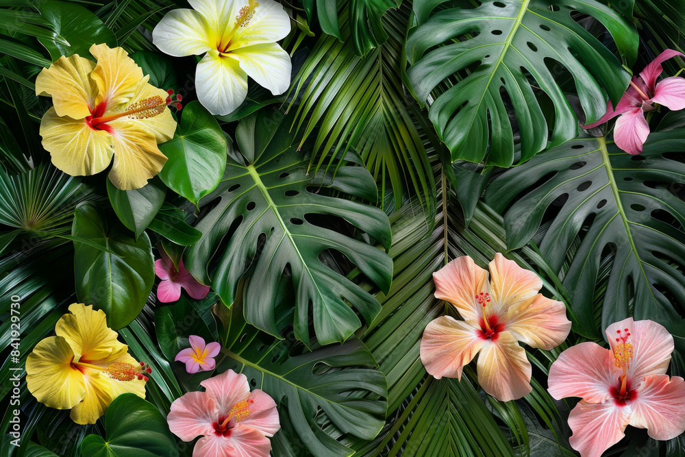A tropical scene with green leaves and exotic flowers, summer vacation and spa concept backdrop A tropical scene with green leaves and exotic flowers, summer vacation and spa concept backdrop