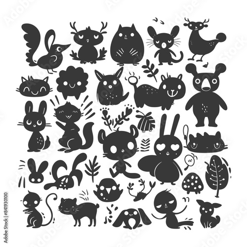 Whimsical Black Silhouette Animal Doodle Collection: Cartoon Forest Creatures, Cute Vector Icon Set