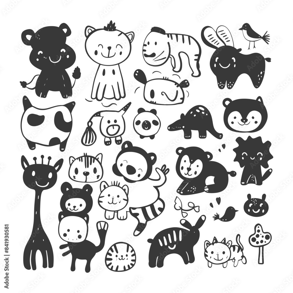 Obraz premium Hand-Drawn Animal Doodles: Whimsical Black and White Vector Illustration