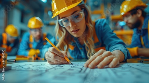 Focused female engineer working on a blueprint in industrial setting, surrounded by colleagues wearing safety gear and helmets, teamwork in engineering.
