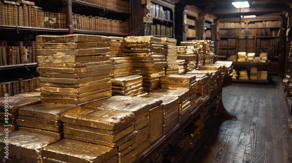 An impressive display of gleaming gold bars stacked carefully in the national reserve signifies the substantial value the bank places on these precious assets.