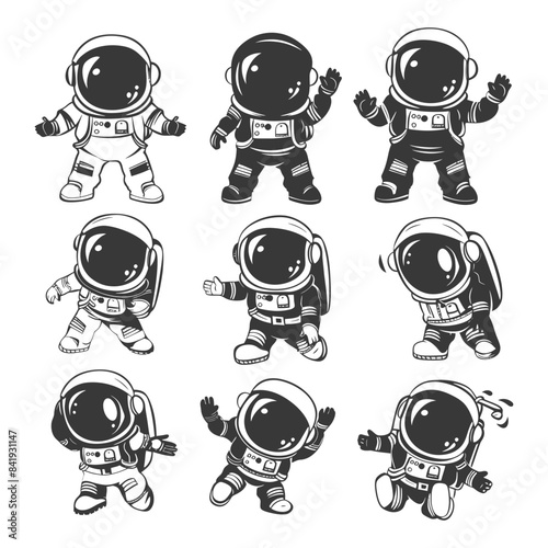 Cartoon Astronaut Set: Spacewalking, Waving, Playful Poses, Isolated Line Art.