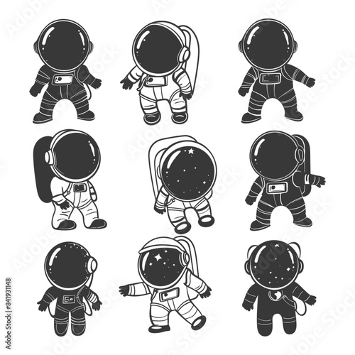 Astronaut Cartoon Set: Cute Spacemen & Spacewomen Icons, Diverse Poses, Retro Style.