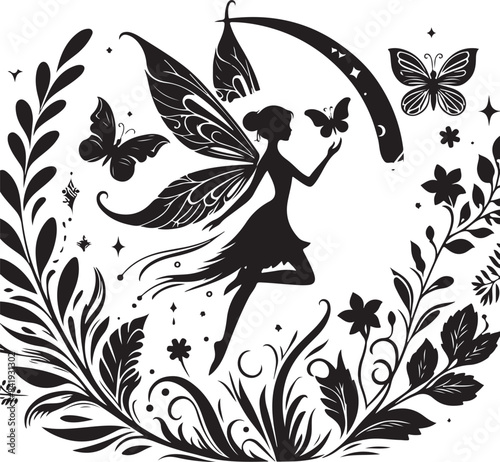 Cute fairy silhouette. Beautiful Fairy art. Fairy symbol illustration.