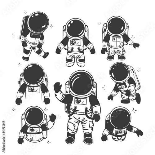 Cartoon Astronauts: Hand-Drawn Spacewalkers in Black and White.