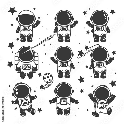 Monochrome Cartoon Astronauts Set: Spacewalk, Stars, and Cosmic Fun.
