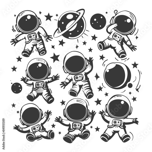 Cartoon Astronauts in Space: Black and White Line Art Illustration