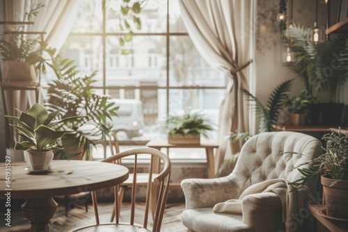 Cozy Afternoon in a Stylish Cafe  Warm Lighting  Comfortable Seating  and Natural Indoor Plant Decor