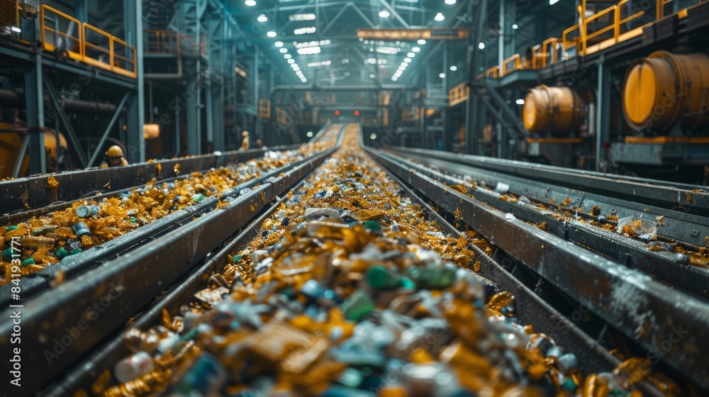 Within the bustling environment of a waste sorting facility, workers focus on efficiently categorizing materials on a busy conveyor belt system for appropriate disposal. Within the bustling environment of a waste sorting facility, workers focus on efficiently categorizing materials on a busy conveyor belt system for appropriate disposal.
