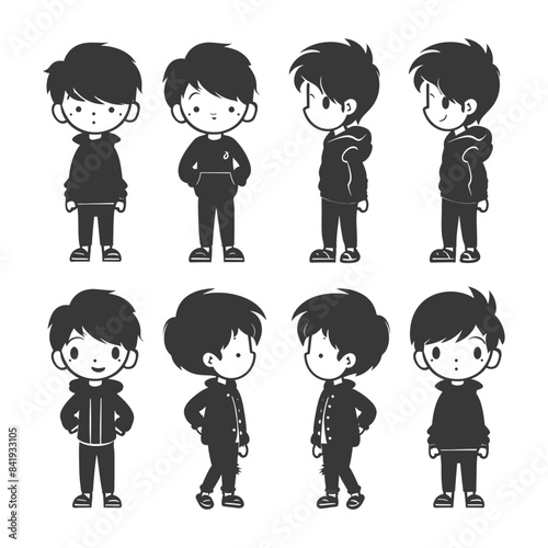 Monochrome Boy Character Poses: Front, Side, and Angle Views, Stylized Vector Set
