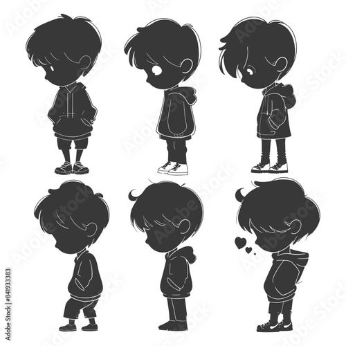 Silhouetted Boy Cartoon: Pensive, Shy, Heartfelt Poses.