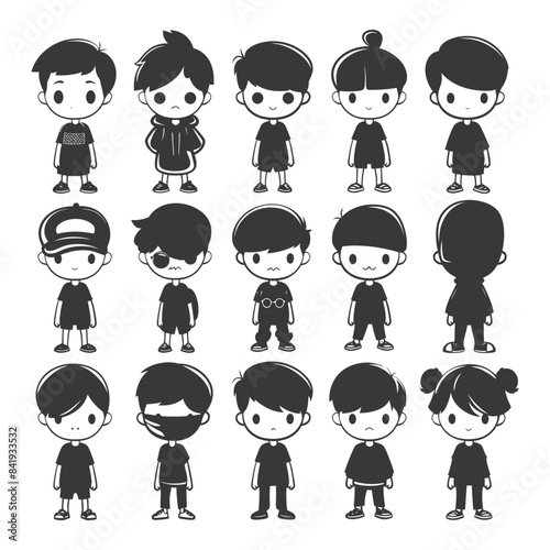 Diverse Chibi Boys: Black and White Cartoon Character Set, Casual Outfits, Various Hairstyles.