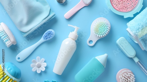 Different baby hygiene accessories on blue background