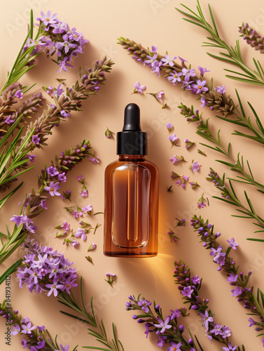 A brown dropper bottle surrounded by purple flowers and green sprigs on a peach background. Concept of skincare or essential oil product.  Generative Ai