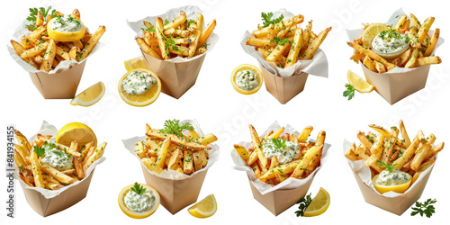 Set of Lemon Herb Fries With Tzatziki isolated on transparent png background. Generative ai