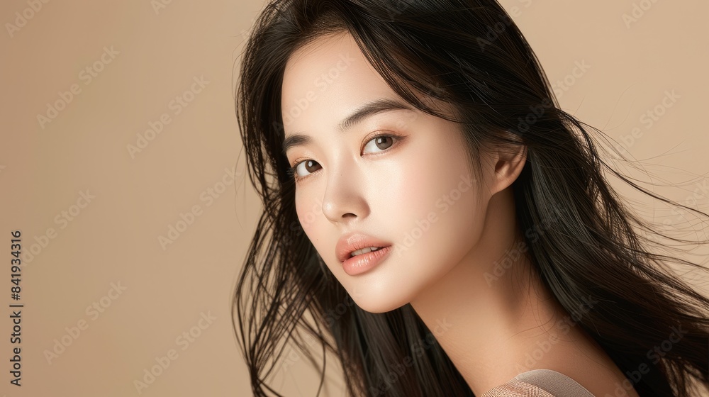 Fototapeta premium Young Asian beauty woman with long hair, flawless skin, and Korean makeup style, posed against an isolated beige background, ideal for cosmetology and facial treatment themes