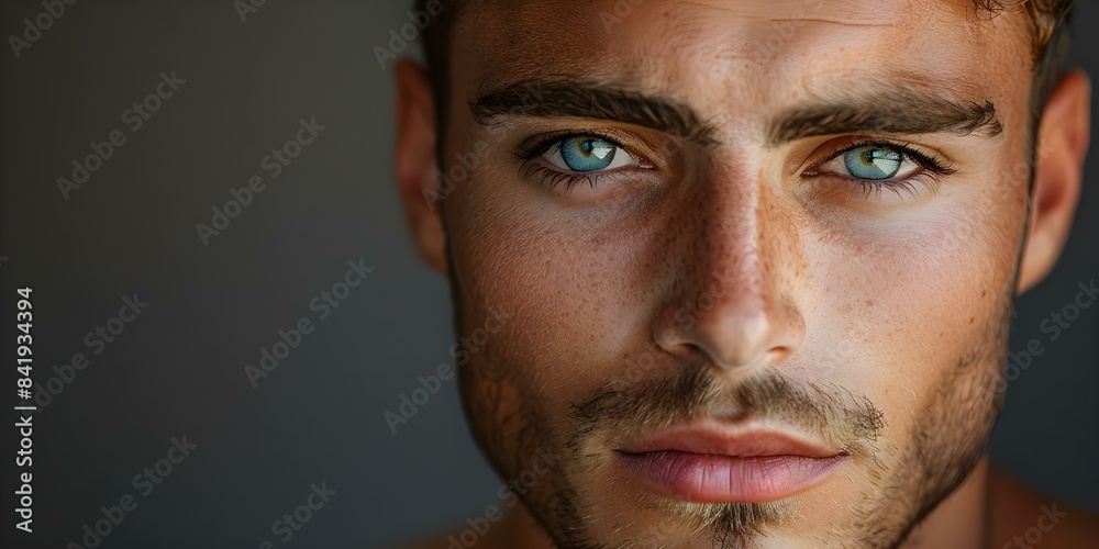Fototapeta premium Focused on Detail Closeup of a Serious and Attractive Young Man. Concept Portrait Photography, Serious Expression, Young Male Model, Close-up Shot, Attractive Features