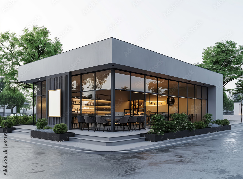 Modern cafe building with large windows, stylish design, outdoor greenery, and a blank banner on a rainy day. Generative AI Modern cafe building with large windows, stylish design, outdoor greenery, and a blank banner on a rainy day. Generative AI