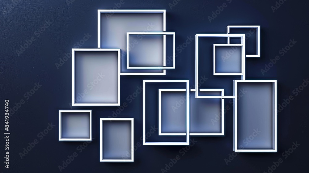 White neon glowing picture frames on dark navy background, for showcase exhibition, event signs, menu mock-up, night club display, isolated, photo realistic, ample copy space White neon glowing picture frames on dark navy background, for showcase exhibition, event signs, menu mock-up, night club display, isolated, photo realistic, ample copy space
