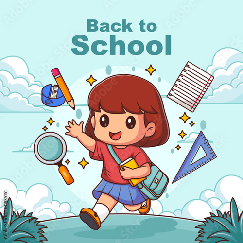 Vector hand drawn illustration of cute girl for back to school event