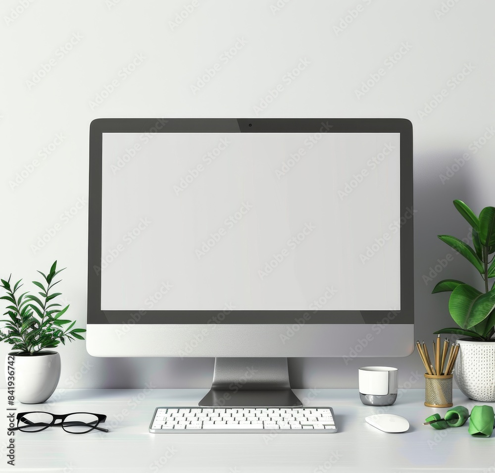 Modern desktop computer monitor with empty screen and keyboard on white desk Modern desktop computer monitor with empty screen and keyboard on white desk