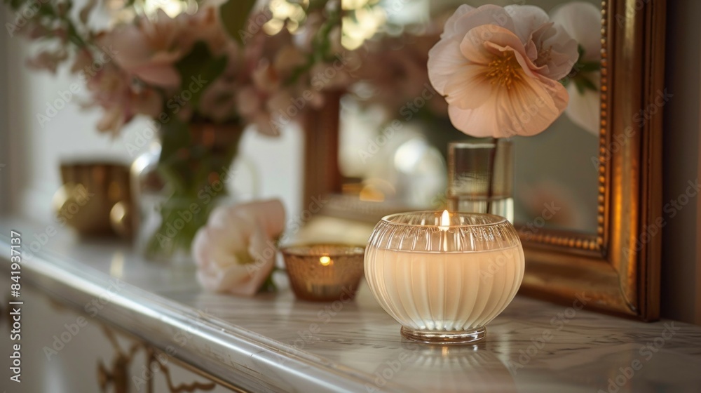 Elegant Home Decor with a Scented Candle and Fresh Flowers on a Marble Dresser. Generative ai. Elegant Home Decor with a Scented Candle and Fresh Flowers on a Marble Dresser. Generative ai.