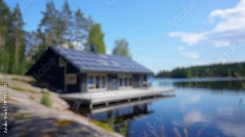 Blur background of suburban house with solar panels on the roof, surrounded by greenery and trees. Alternative energy. Sustainable and renewable energy concept. Design for poster, wallpaper. Spate. © Summit Art Creations