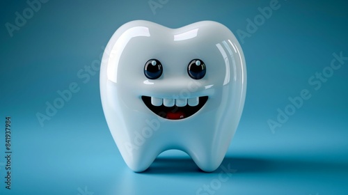 Smiling Cartoon Tooth on Blue Background. Generative ai. © Yevheniiya