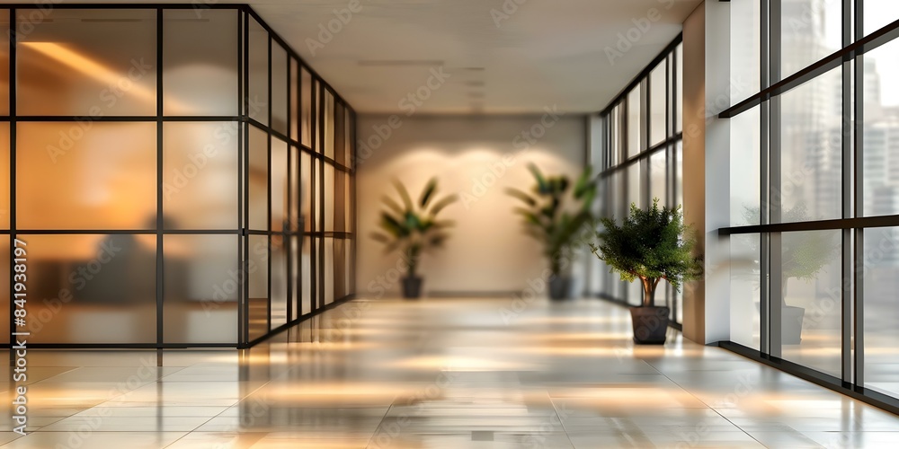 Modern office interior with panoramic windows and soft lighting. Concept Office Design, Panoramic Windows, Soft Lighting, Modern Decor