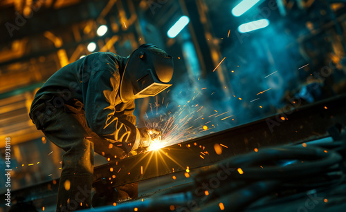 A welder working with sparks flying in a dimly lit industrial environment.