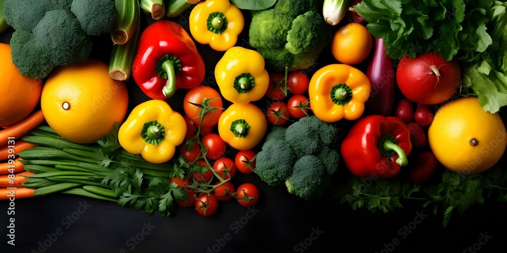 Flat lay arrangement of vibrant fruits and vegetables with containers on a table. Concept Food Styling, Vibrant Colors, Healthy Eating, Fresh Produce, Table Settings Flat lay arrangement of vibrant fruits and vegetables with containers on a table. Concept Food Styling, Vibrant Colors, Healthy Eating, Fresh Produce, Table Settings