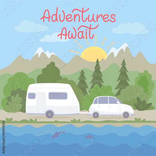 Mountains landscape with car and camping trailer. Vector color illustration in flat style.