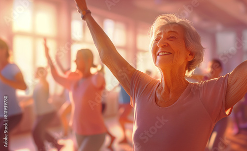 Elderly woman joyfully participating in a dance or exercise class with other seniors.