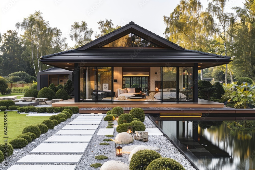 A traditional Japanese tea house in a serene garden A traditional Japanese tea house in a serene garden
