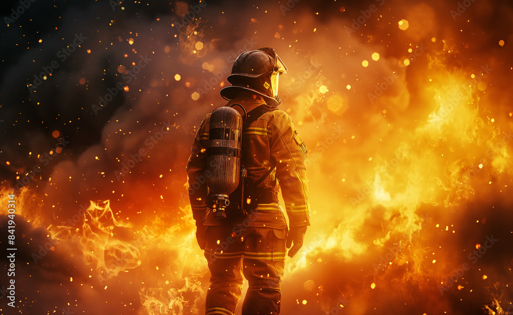 A firefighter in full gear standing amidst intense flames and smoke. A firefighter in full gear standing amidst intense flames and smoke.