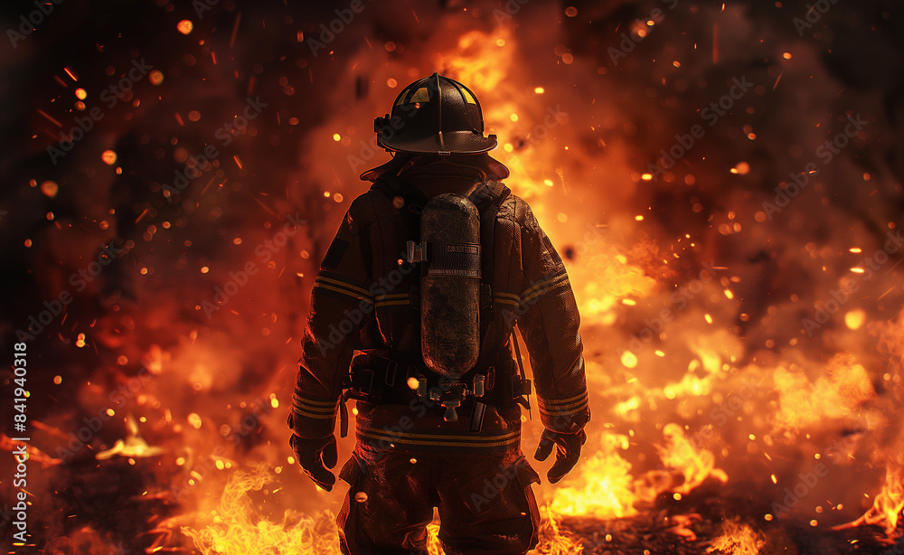 A firefighter in full gear standing amidst intense flames and smoke. A firefighter in full gear standing amidst intense flames and smoke.