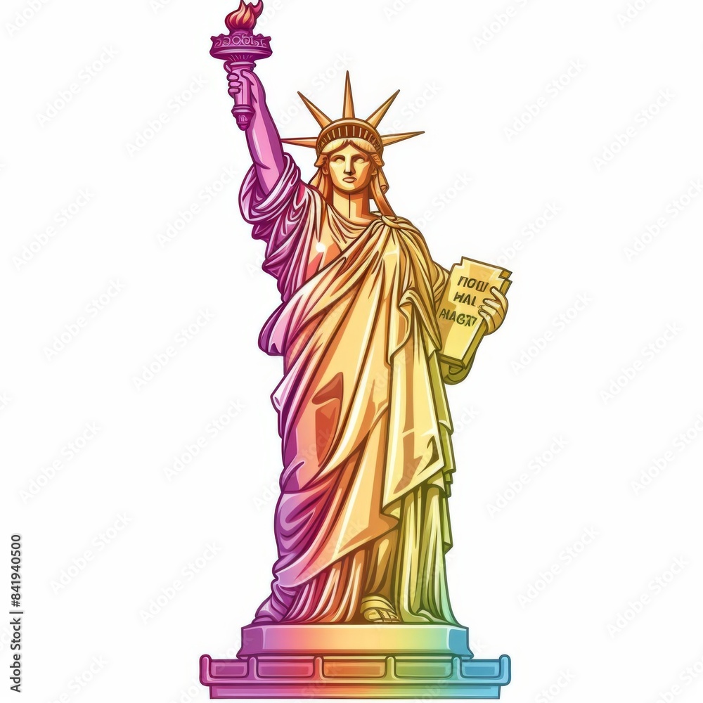 Obraz premium Whimsical kawaii illustration of the Statue of Liberty, her robes transformed into rainbow hues for LGBTQ pride, isolated on white