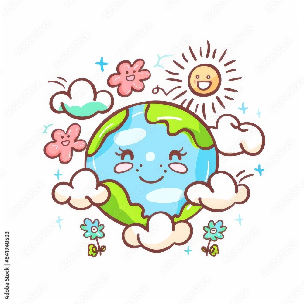 Whimsical kawaii logo of Earth with playful clouds and sun, bringing to life the essence of World Environment Day Whimsical kawaii logo of Earth with playful clouds and sun, bringing to life the essence of World Environment Day