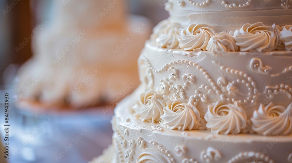 Focused image of a wedding cake with intricate decorations Focused image of a wedding cake with intricate decorations