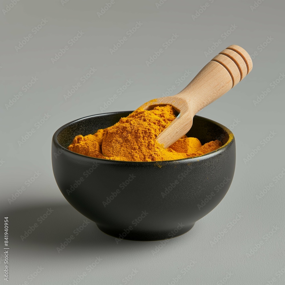 Vibrant Turmeric Powder in Black Bowl with Wooden Spoon Vibrant Turmeric Powder in Black Bowl with Wooden Spoon