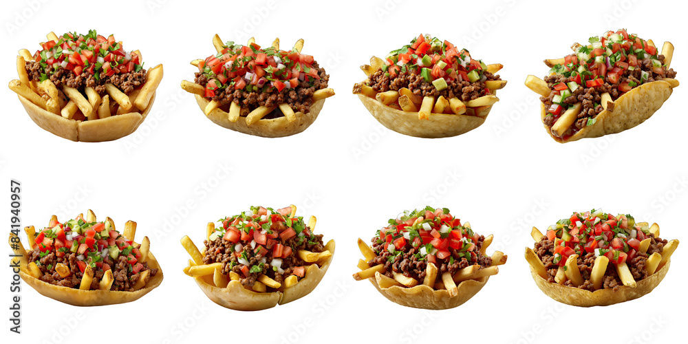 Set of Taco Fries With Ground Beef And Salsa isolated on transparent png background. Generative ai