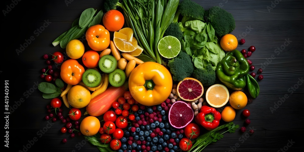 Vibrant flat lay of fruits and vegetables artfully arranged. Concept Flat Lay Photography, Vibrant Colors, Fruits and Vegetables, Artistic Arrangement Vibrant flat lay of fruits and vegetables artfully arranged. Concept Flat Lay Photography, Vibrant Colors, Fruits and Vegetables, Artistic Arrangement
