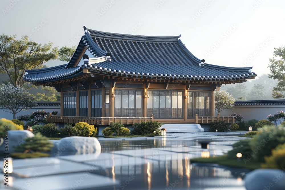 A traditional Korean hanok with a tiled roof A traditional Korean hanok with a tiled roof