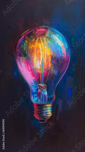 Colorful abstract painting of a light bulb with vivid neon colors, creative inspiration concept