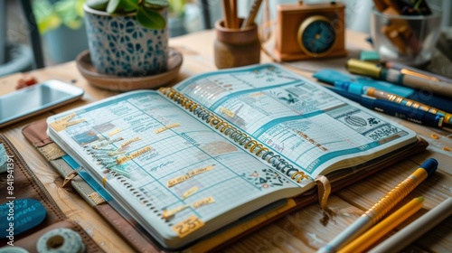 Focused image of an advanced bullet journal spread with artistic holographic elements and detailed planning