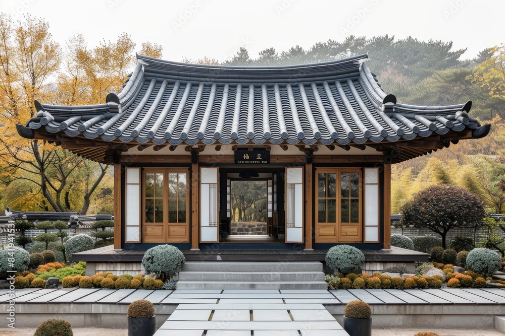 A traditional Korean hanok with a tiled roof A traditional Korean hanok with a tiled roof